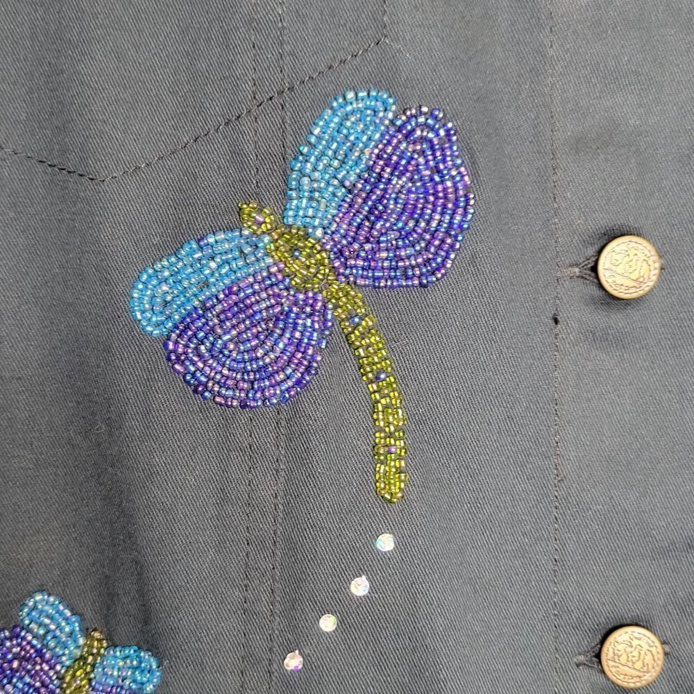 Quacker Factory Women's L Button Up Shacket Shirt Dragonflies Artsy Art to Wear - Picture 4 of 9